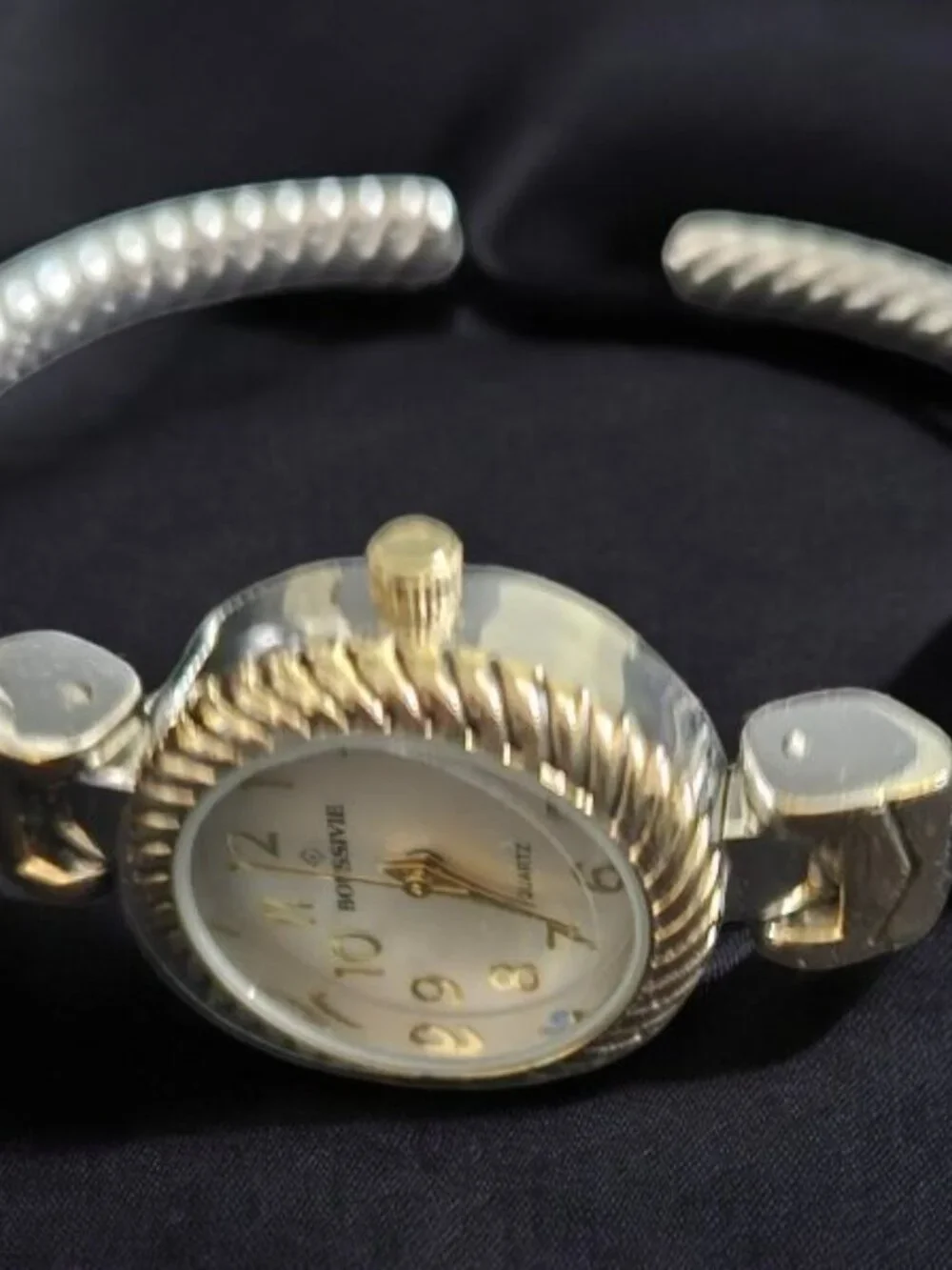 BOUSSIVIE Silver and Goldtone Ladies Hinged Clamper Quartz Cuff Bracelet Watch